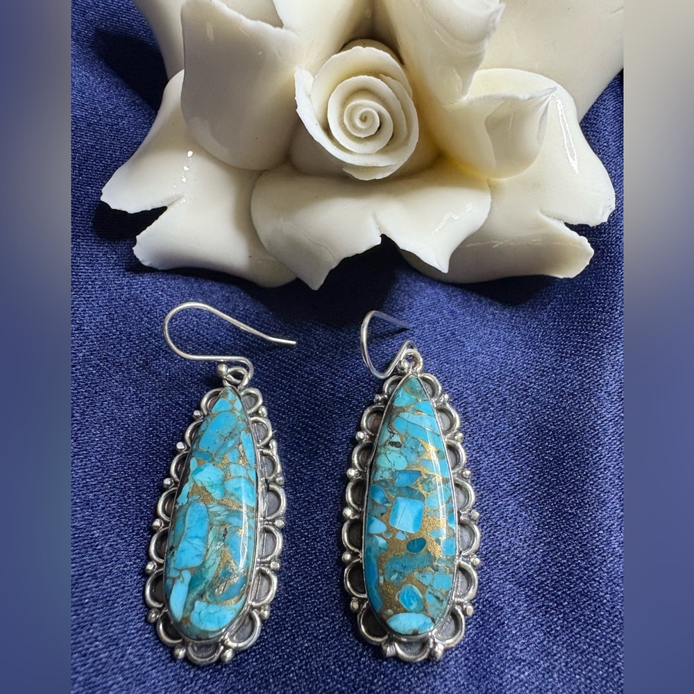 SOLD Earrings*Turquoise Copper Infused Southwestern Dangle Drop Wire Earrings - Picture 1 of 6